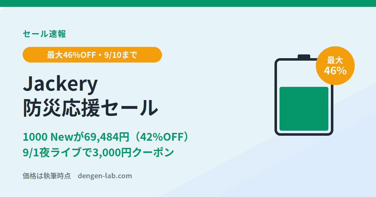 Jackery防災応援セール速報｜1000 Newが69,484円（42%OFF）、9/1夜ライブで3,000円クーポン