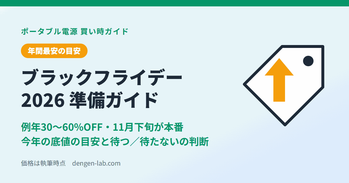 ポータブル電源のブラックフライデー2026準備ガイド。例年30〜60%OFF、11月下旬が本番。今年の底値の目安と待つ／待たないの判断