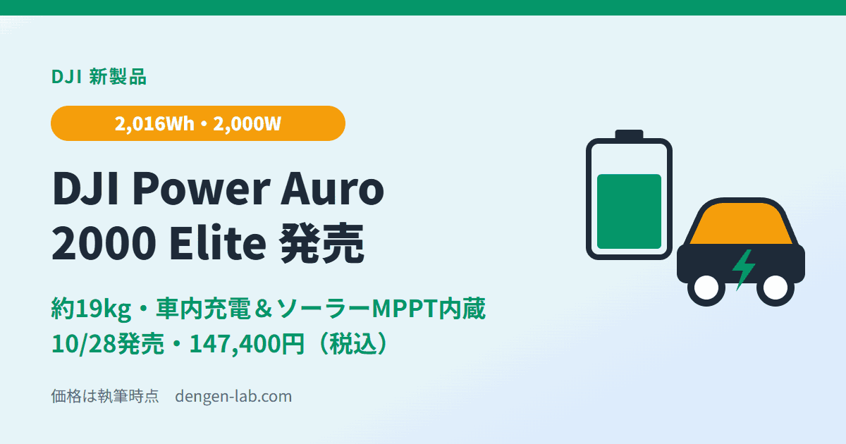 DJI Power Auro 2000 Elite発売。2,016Wh・最大2,000W・約19kg、車内充電とソーラーMPPTを内蔵、10月28日発売・147,400円（税込）