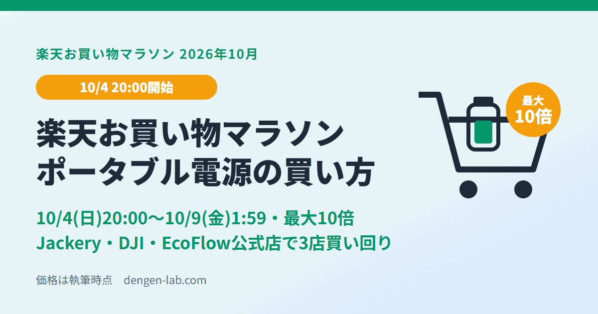 楽天お買い物マラソン2026年10月でポータブル電源を買う方法。10/4(日)20:00〜10/9(金)1:59、最大10倍、Jackery・DJI・EcoFlow公式店で3店買い回り